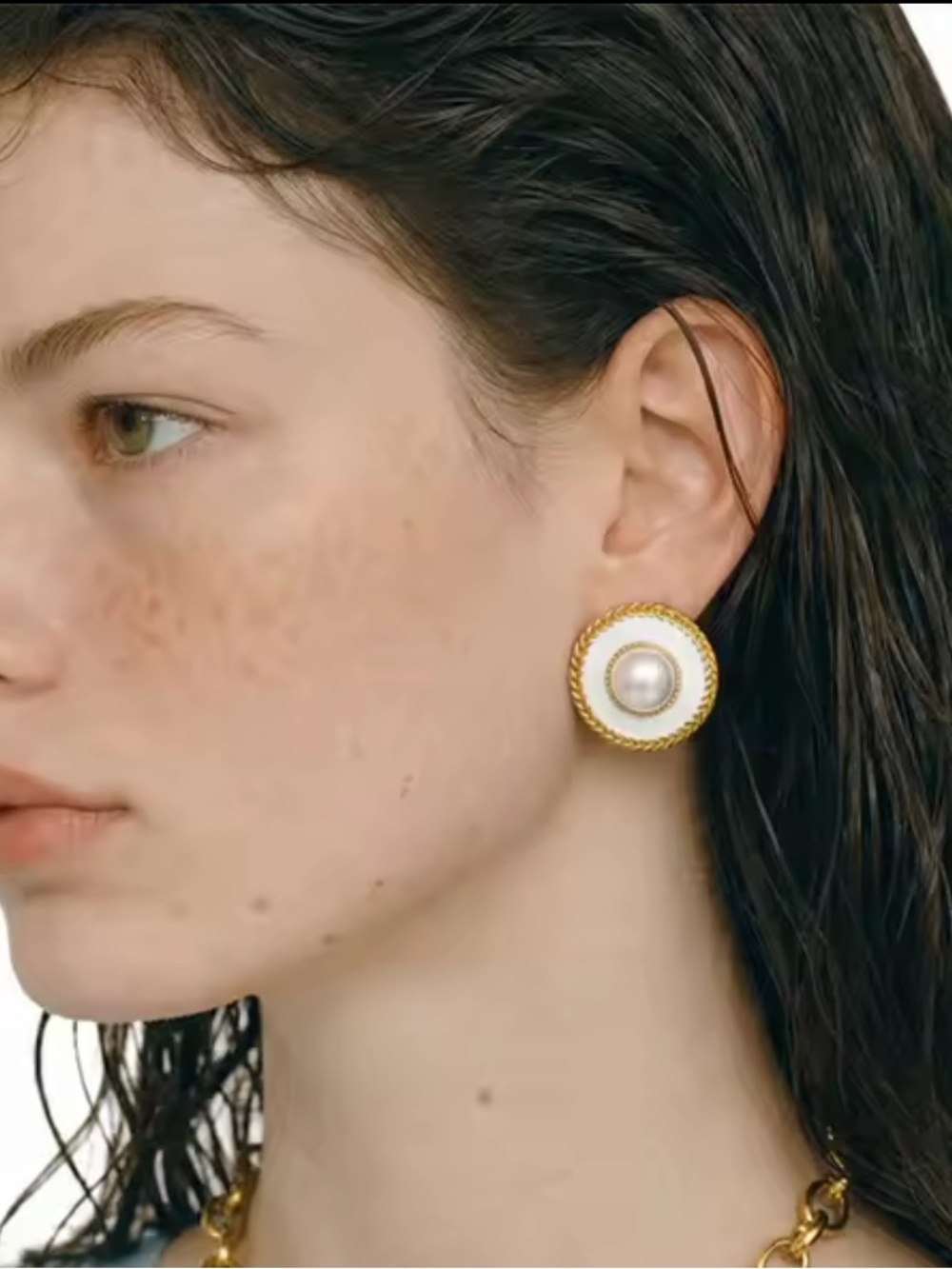 White Pearl Gold Button Earrings - Picture 8 of 9